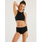 Women Zip Front High Neck Black Two Piece Sports Bikini