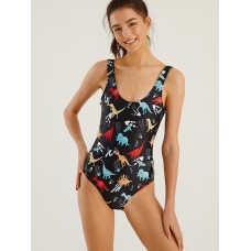 Women Cartoon Dinosaur Print Open Back One Piece Beach Swimwear