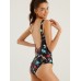 Women Cartoon Dinosaur Print Open Back One Piece Beach Swimwear