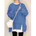 Women Thick Loose Side Fork Solid Color Puff Sleeve Pullover Sweatshirt