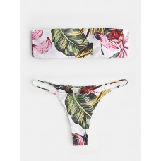 Women Tropical Print Bandeau Bikini Thong Backless Swimsuit