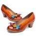  Genuine Leather Retro Ethnic Three  dimensional Flower Comfy Heels